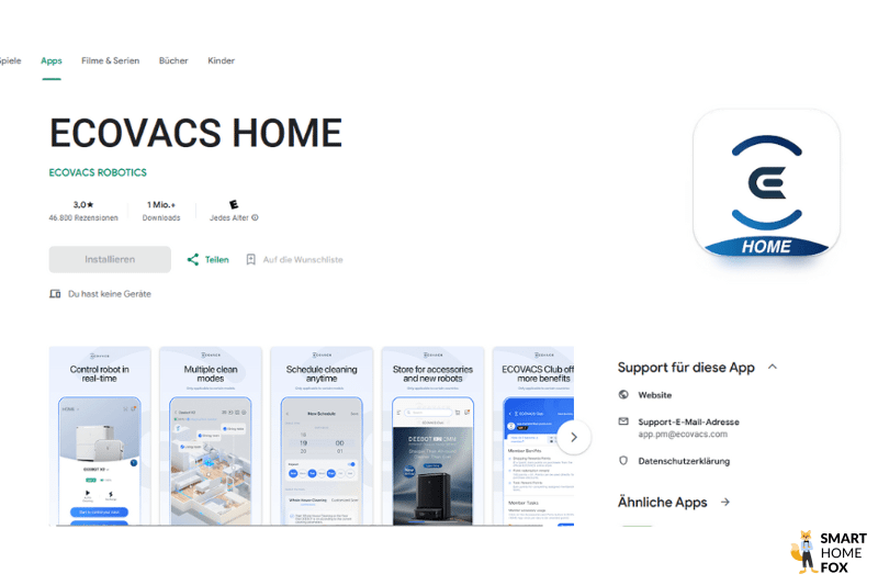 Die ECOVACS HOME App ist im Google Play Store zum Download erhältlich und über 1 Million mal gedownloadet.